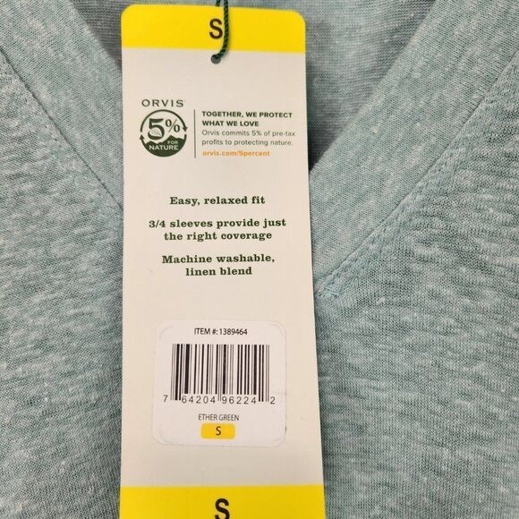 NWT Orvis Women's V Neck 3/4 Sleeve Relaxed Fit Linen Blend Top S Ether Green - Picture 6 of 10